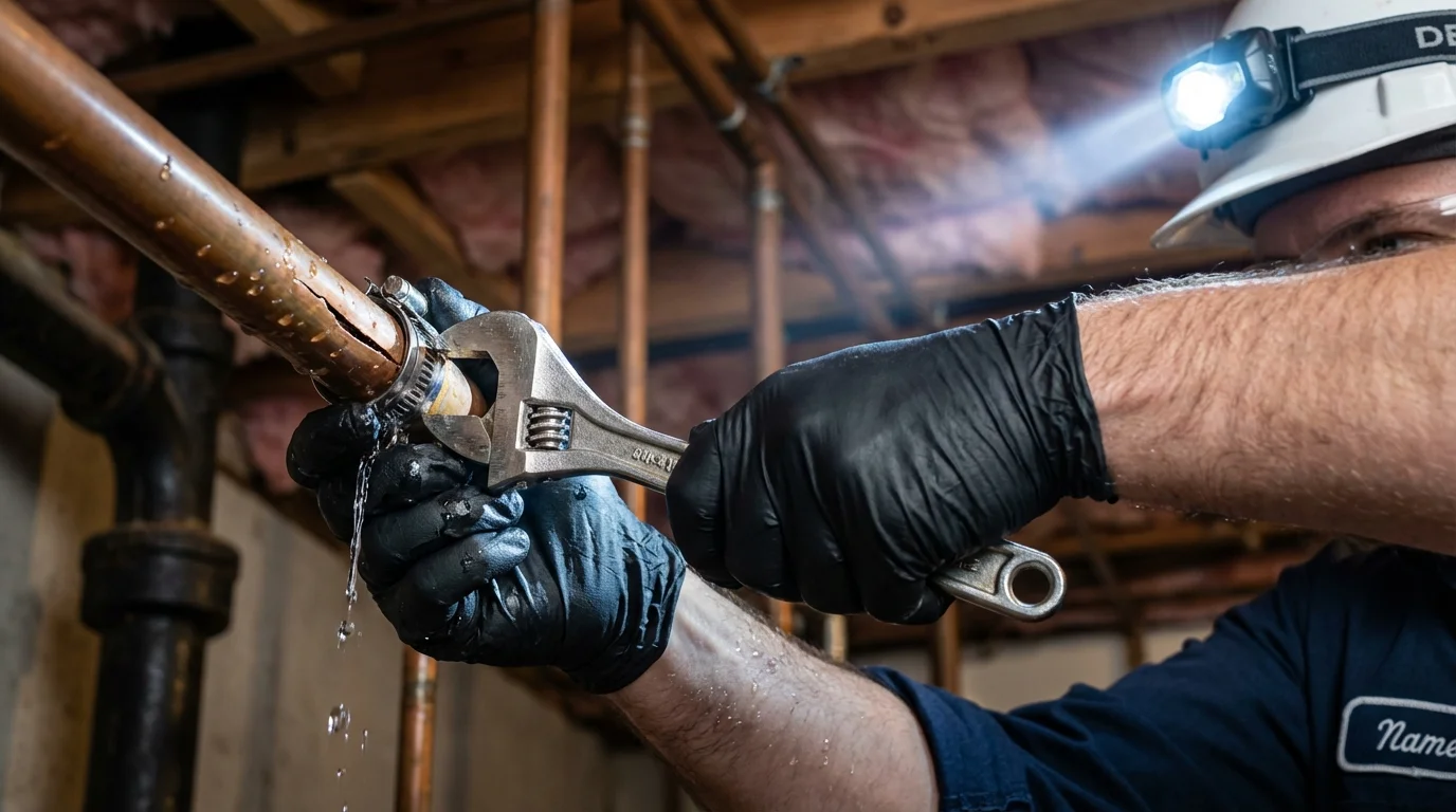Emergency pipe clamp repair being performed by a Johns Plumbing LLC plumber in Pelham