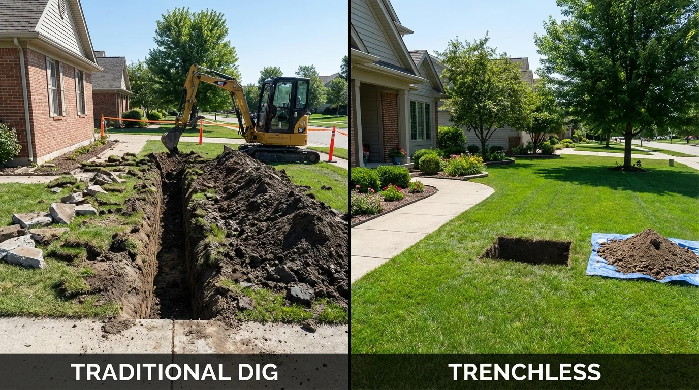 Trenchless sewer repair with minimal yard damage versus traditional excavation in Pelham, AL